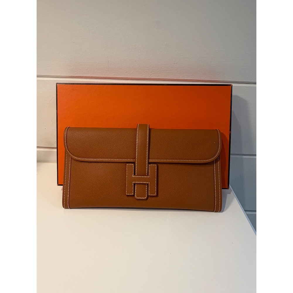 Hermes Jige Elan 29 Clutch Bag Gold Epsom Leather H Logo Brown Handbag Boxed - Picture 2 of 11